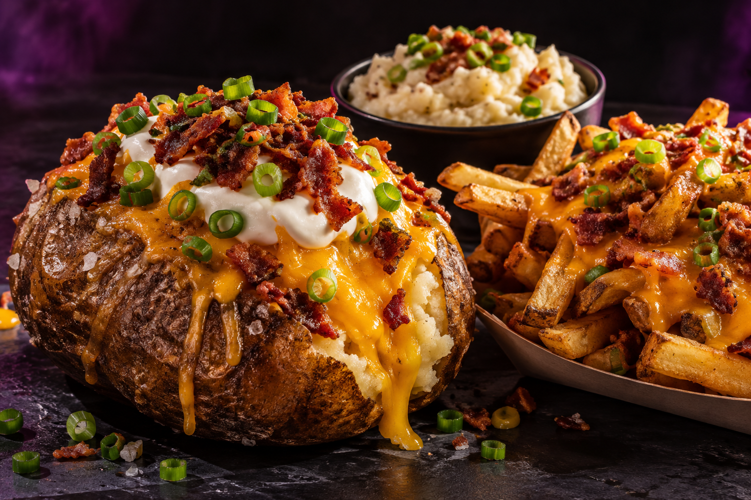 Loaded baked potato, golden fries, and creamy mashed potatoes