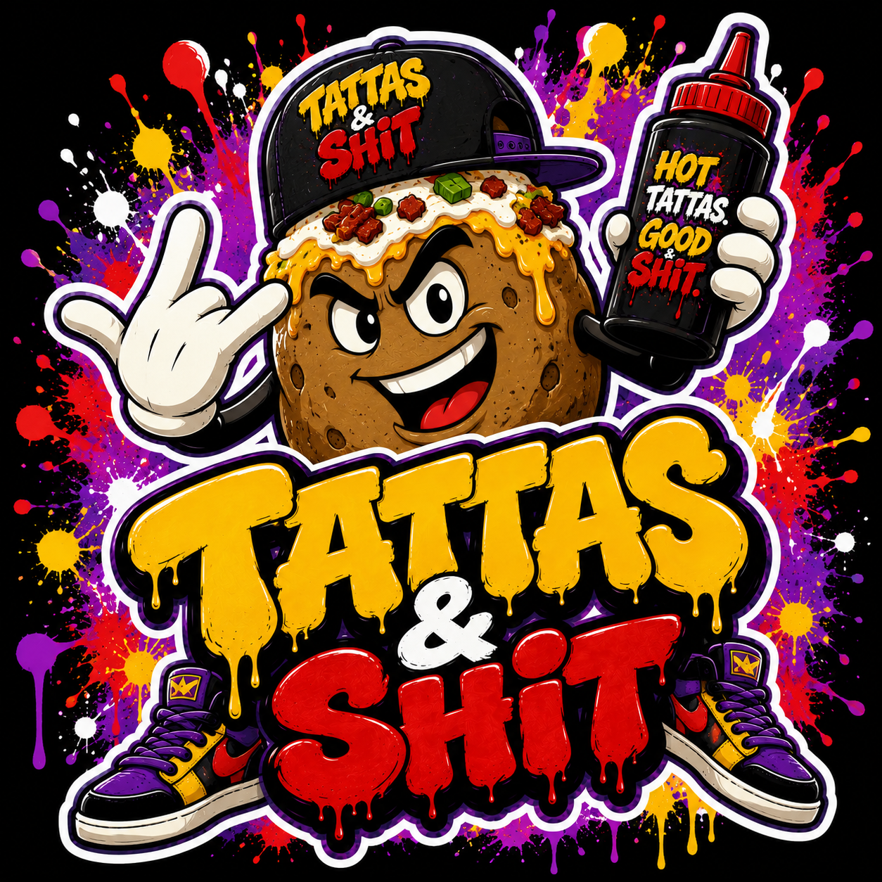 Tattas & Shit potato mascot with a loaded potato, sauce bottle, and purple sneakers